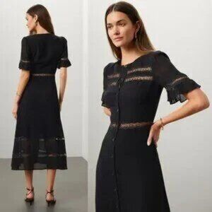 Reformation Woodson Black Lace Trim Button Down Dress - As Seen on Yellowstone